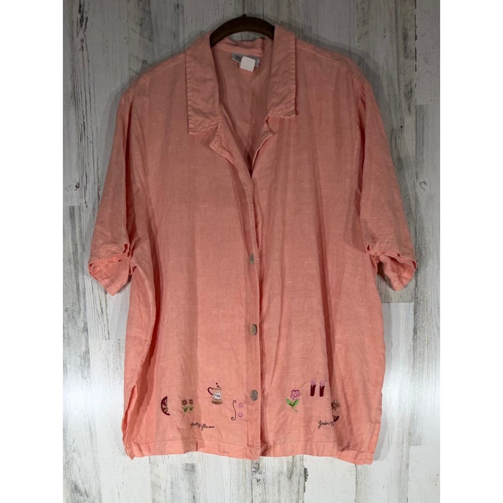 Fine Line Linen Shirt 3XL Peach Coral Garden Tea Party Flower Embroidery Cottage